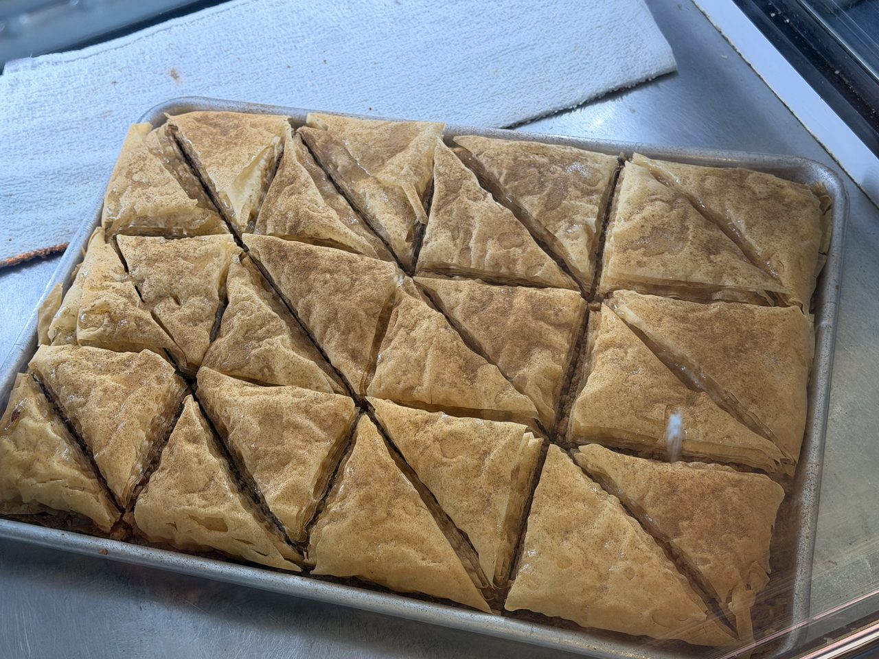 Tray of baklava cut in diamonds