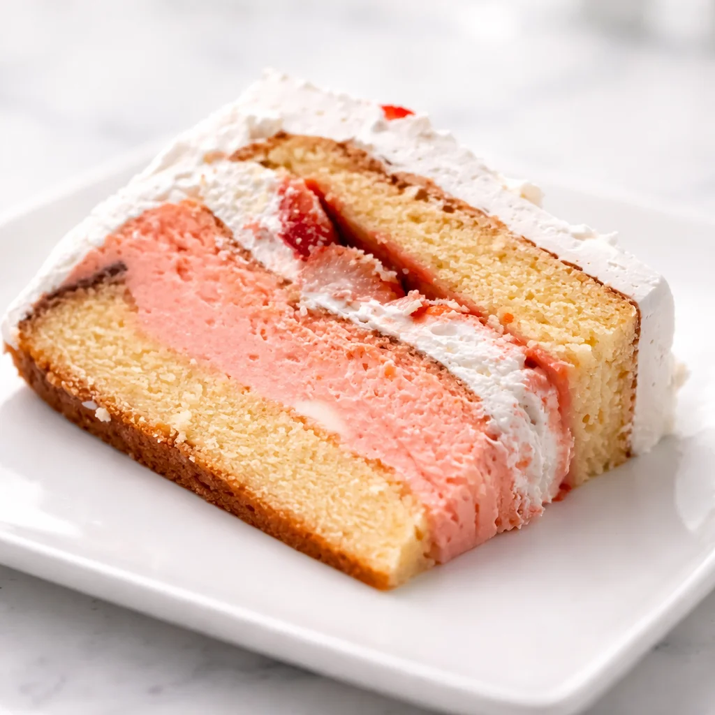 Effie's strawberry tower cake, tall layers of cake, cream, and fresh strawberries